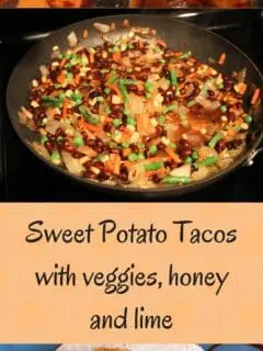 Sweet potato tacos with black beans, vegetables and a hint of honey and lime. Flavorful vegetarian dinner the whole family will love!