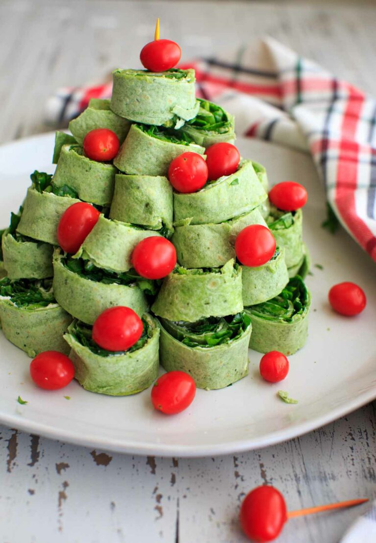 Christmas Tree Pita Pinwheel Appetizer - Spinach Tortillas and Veggie Wraps