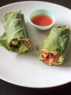 Vegan and gluten free wrap made with collard greens, veggies and sunflower hummus.