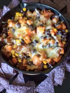 Butternut Squash and Veggie Bake - loaded with vegetables, topped with cheese and served with tortilla chips. Option to spice it up with jalapeno and hot sauce. Dinner is served!