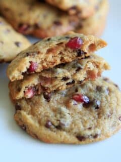 Chocolate Chip Cookies with Pomegranate Seeds. Sweet from cinnamon and vanilla, and slightly tangy from the seeds, these cookies are addicting!