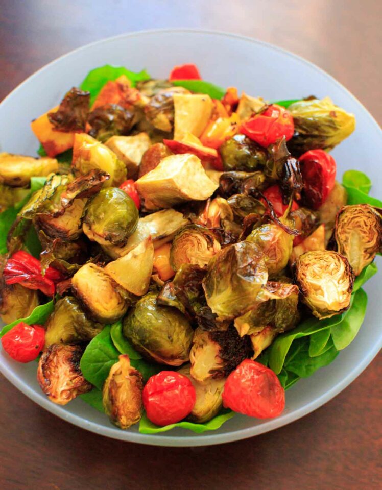 Leftover Veggie Salad - Roasted Vegetables on Spinach with Avocado Dressing