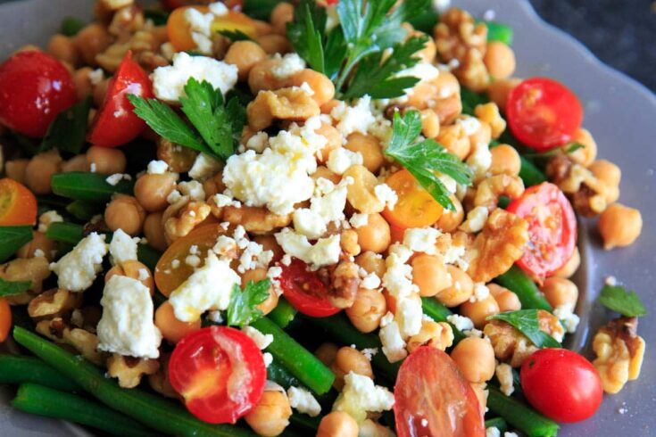 Green Bean Chickpea Salad with tomato, walnuts and feta cheese