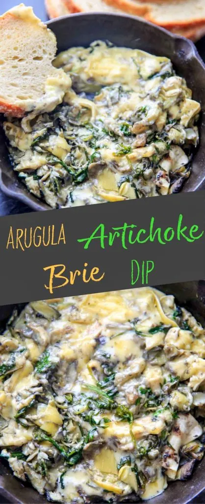 Arugula (or spinach) and artichoke brie dip, made in a cast iron skillet. A delicious and unique appetizer!