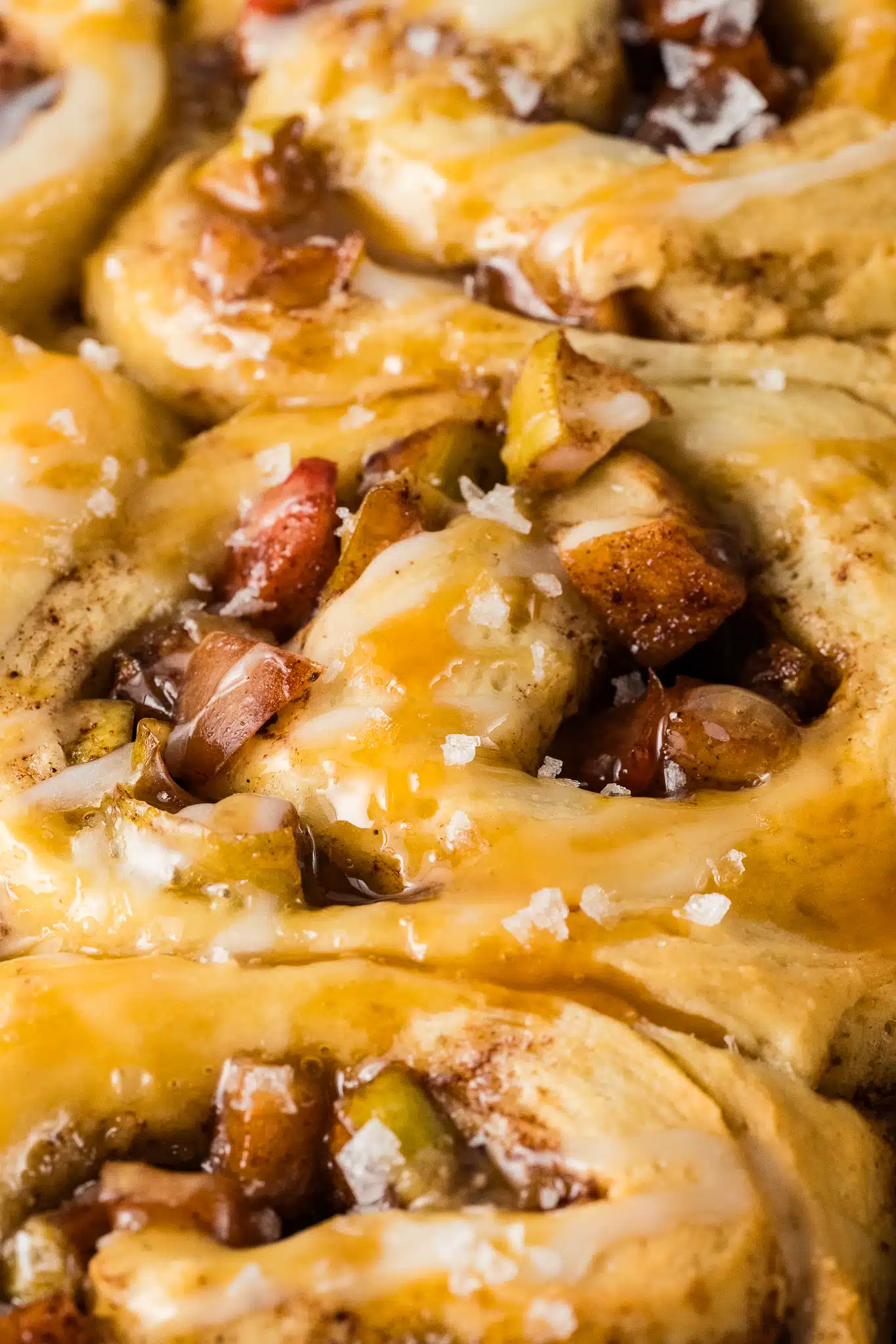 close-up of caramel apple cinnamon roll