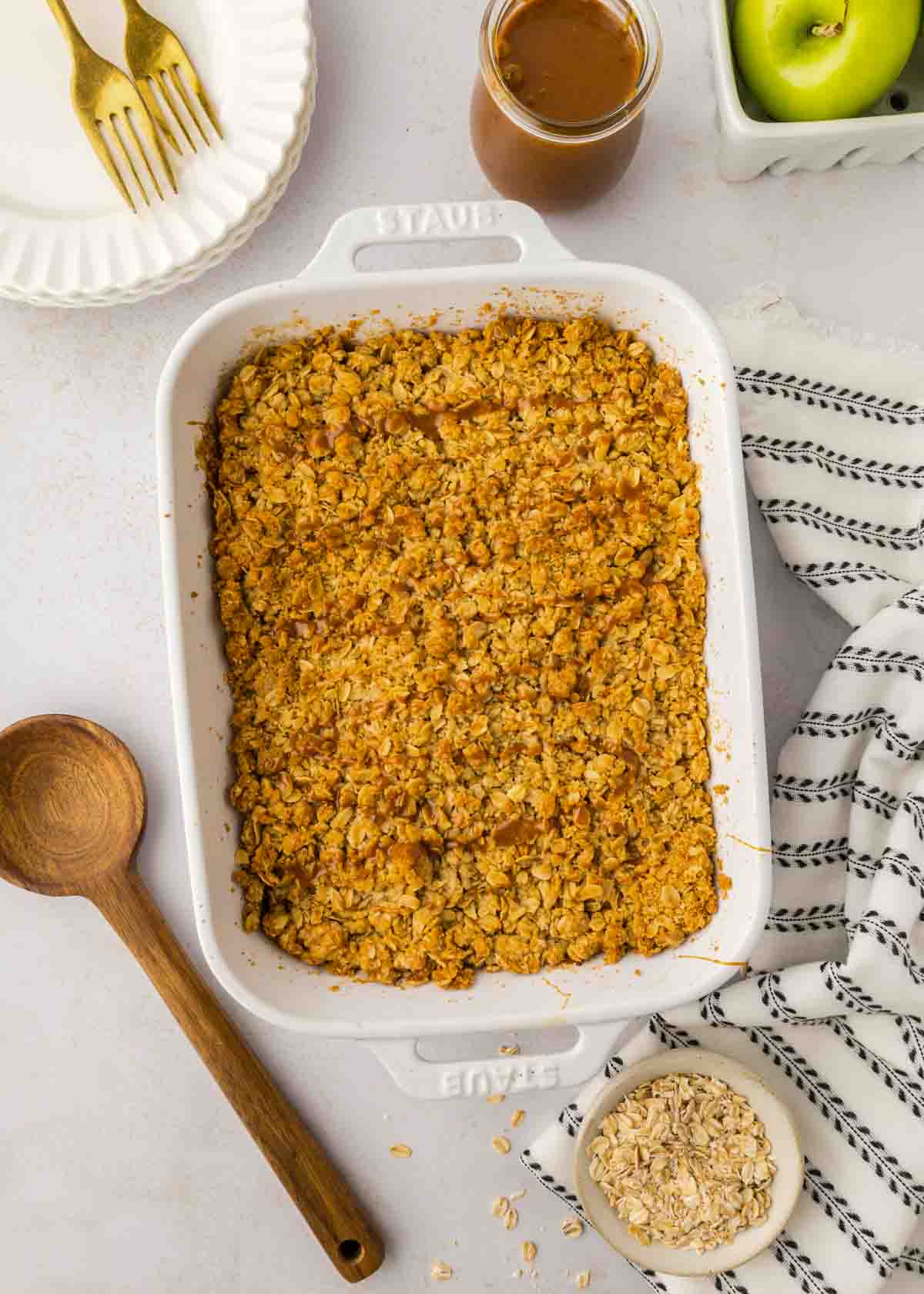 caramel apple crisp in baking dish