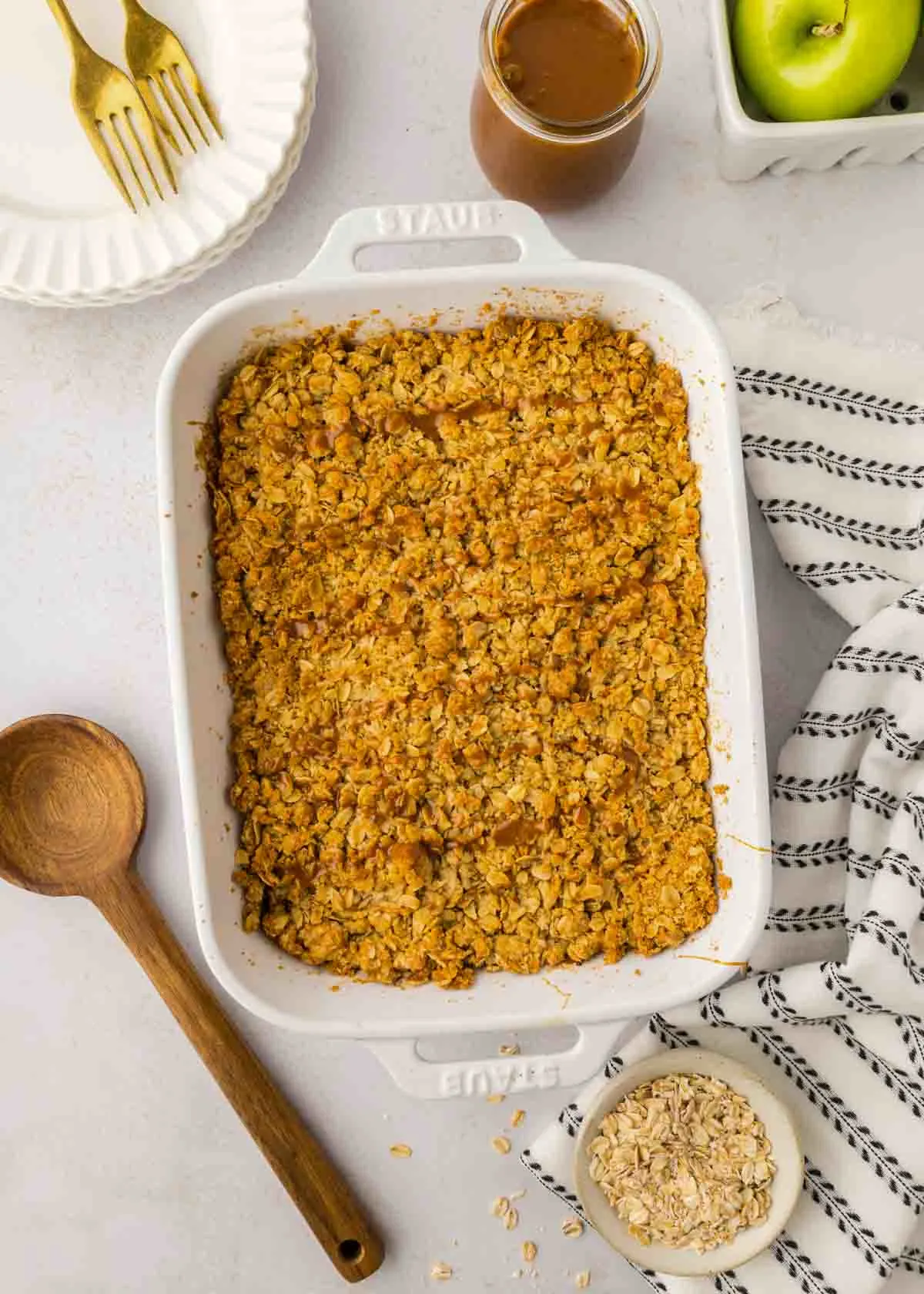 caramel apple crisp in baking dish