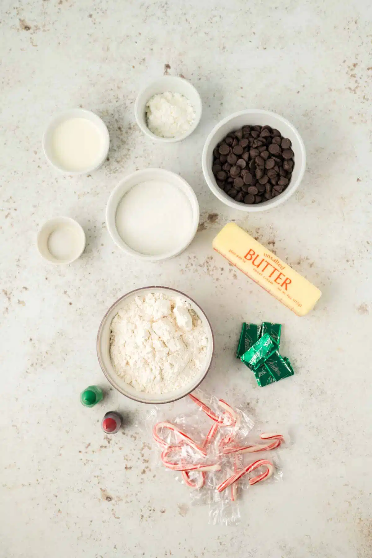 ingredients for chocolate peppermint thumbprint cookies on counter