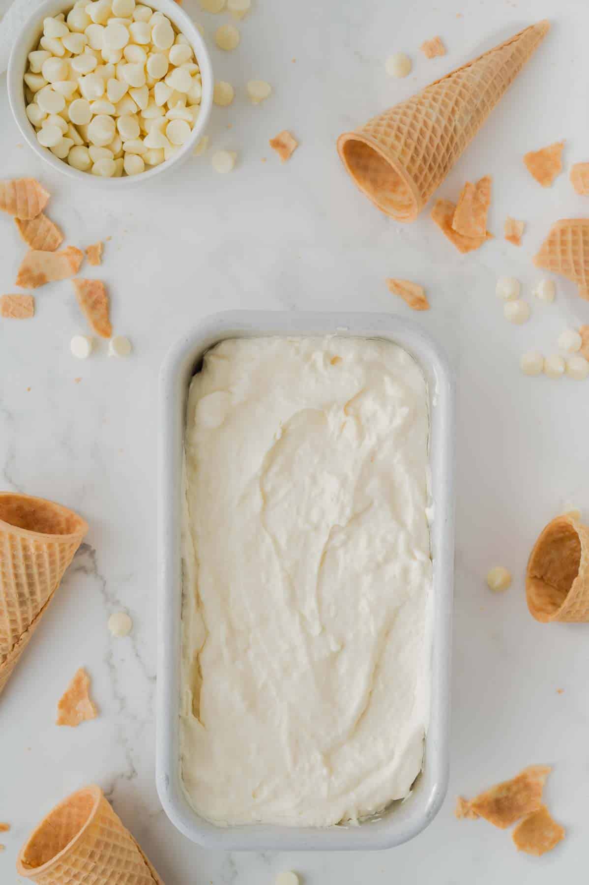 white chocolate ice cream in a freezer loaf