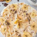 banoffee cake pin showing top of decorated banana cake