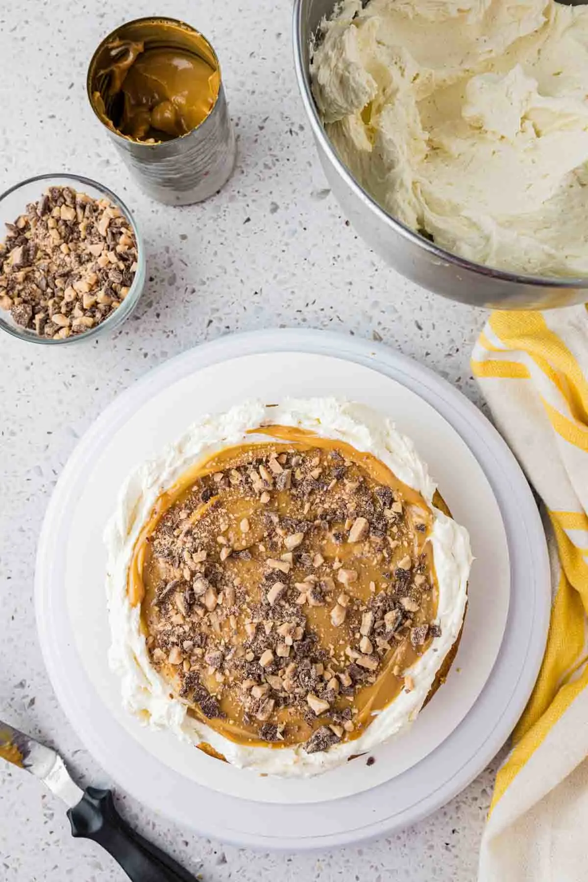 overhead view of banoffee cake caramel toffee layer