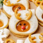 close up of reindeer linzer cookies