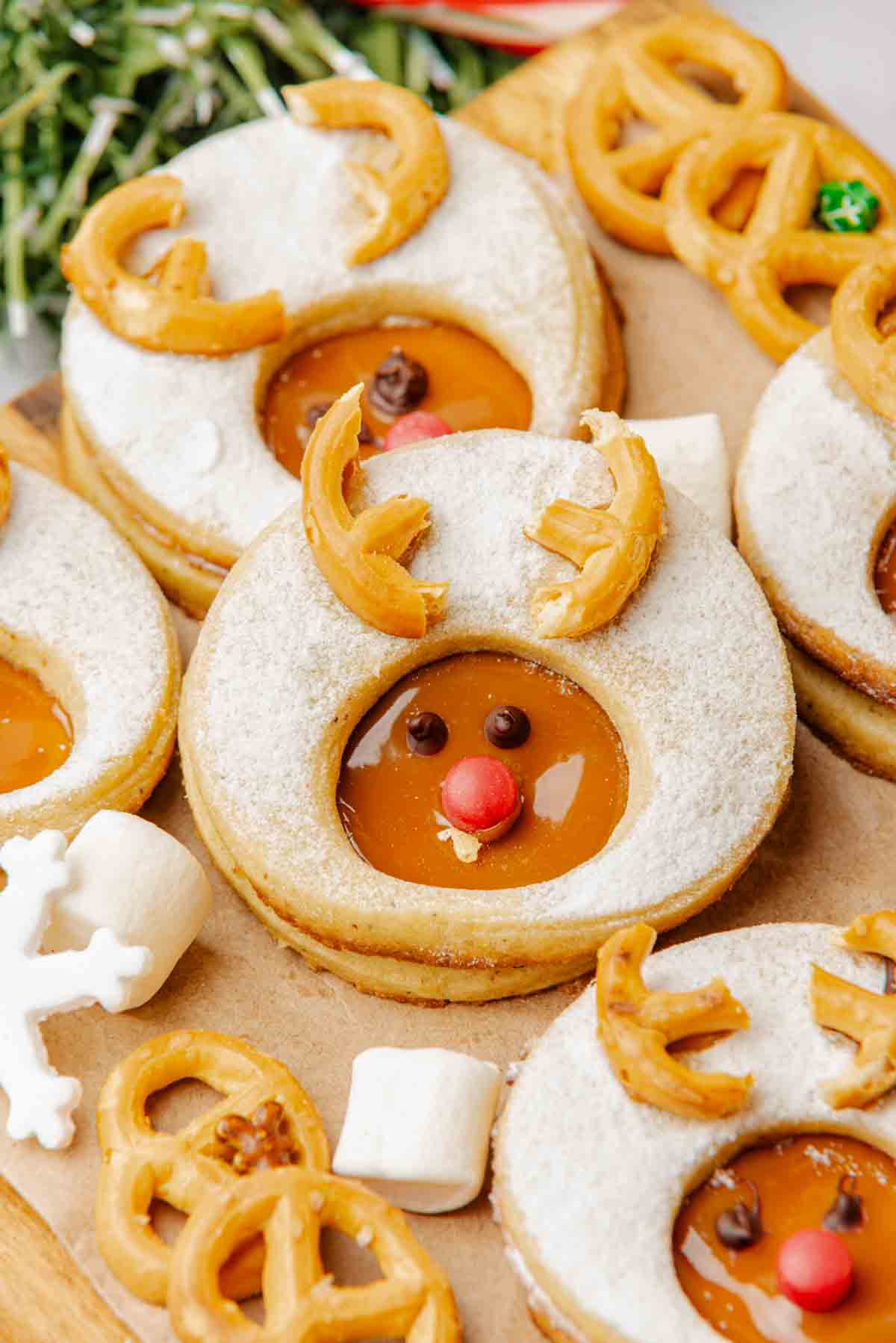 close up of reindeer linzer cookies