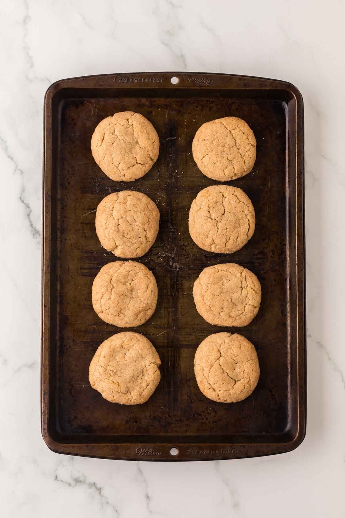 8 apple cider cookies on baking sheet fresh out of the oven.