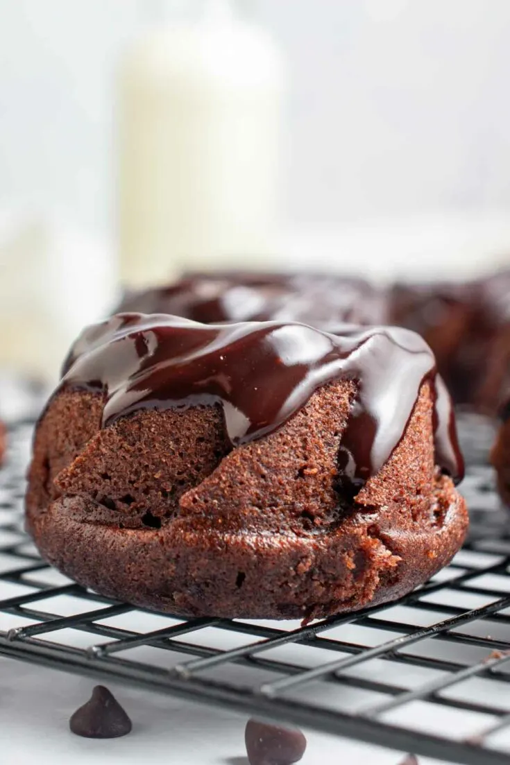 portrait photo of a side angle view of mini chocolate bundt cake with chocolate ganache.